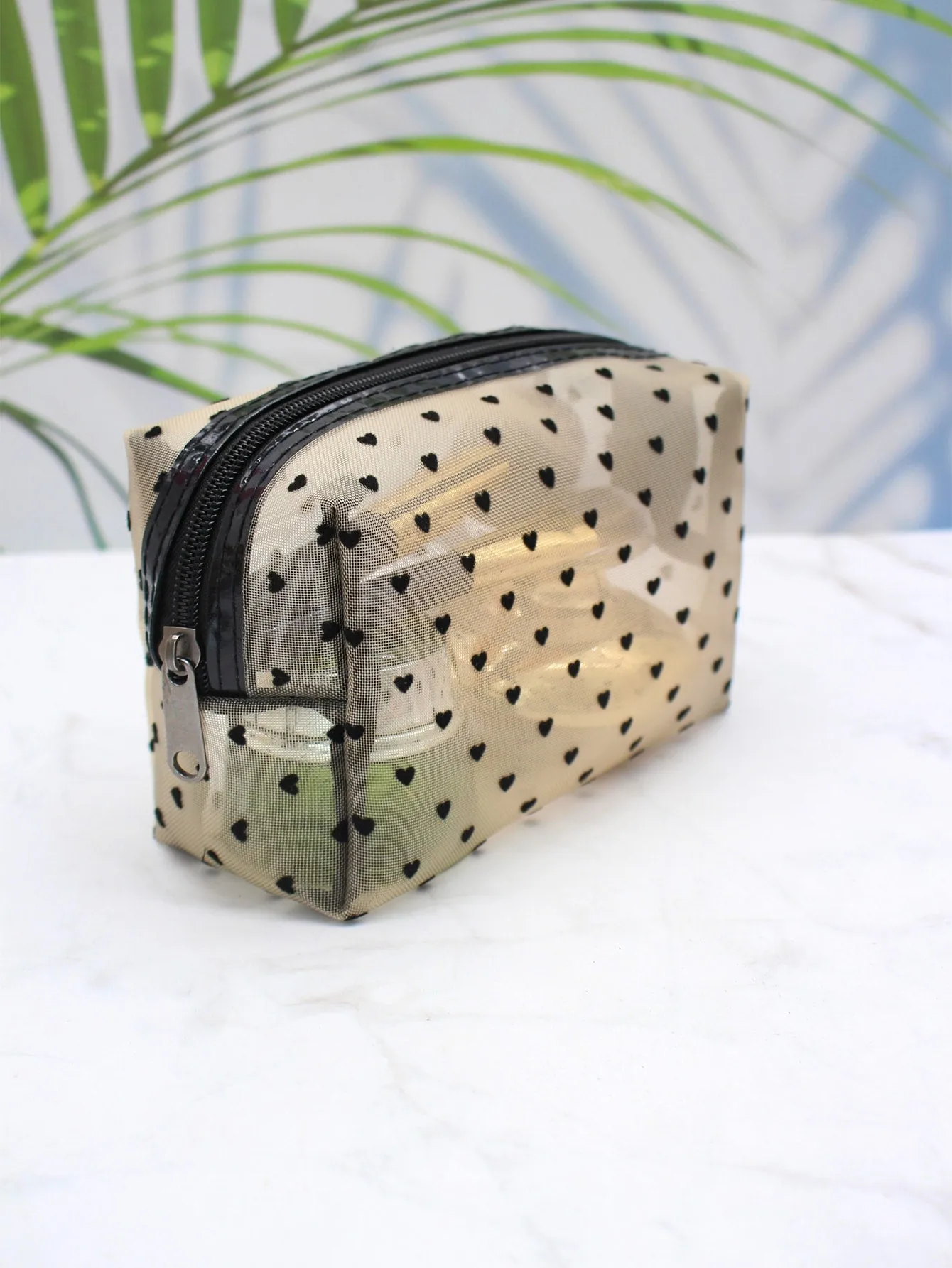 1pc Yellow Mesh Flocking Heart Portable Transparent Makeup Bag Cosmetic