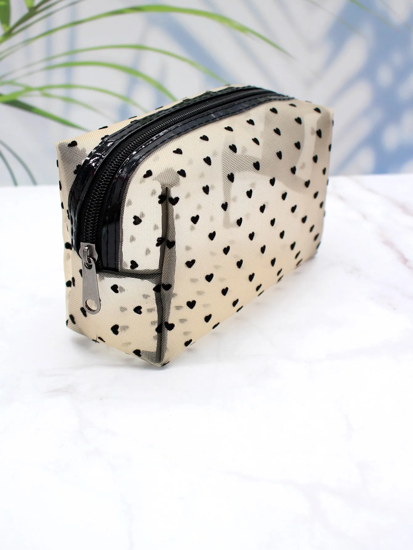 1pc Yellow Mesh Flocking Heart Portable Transparent Makeup Bag Cosmetic