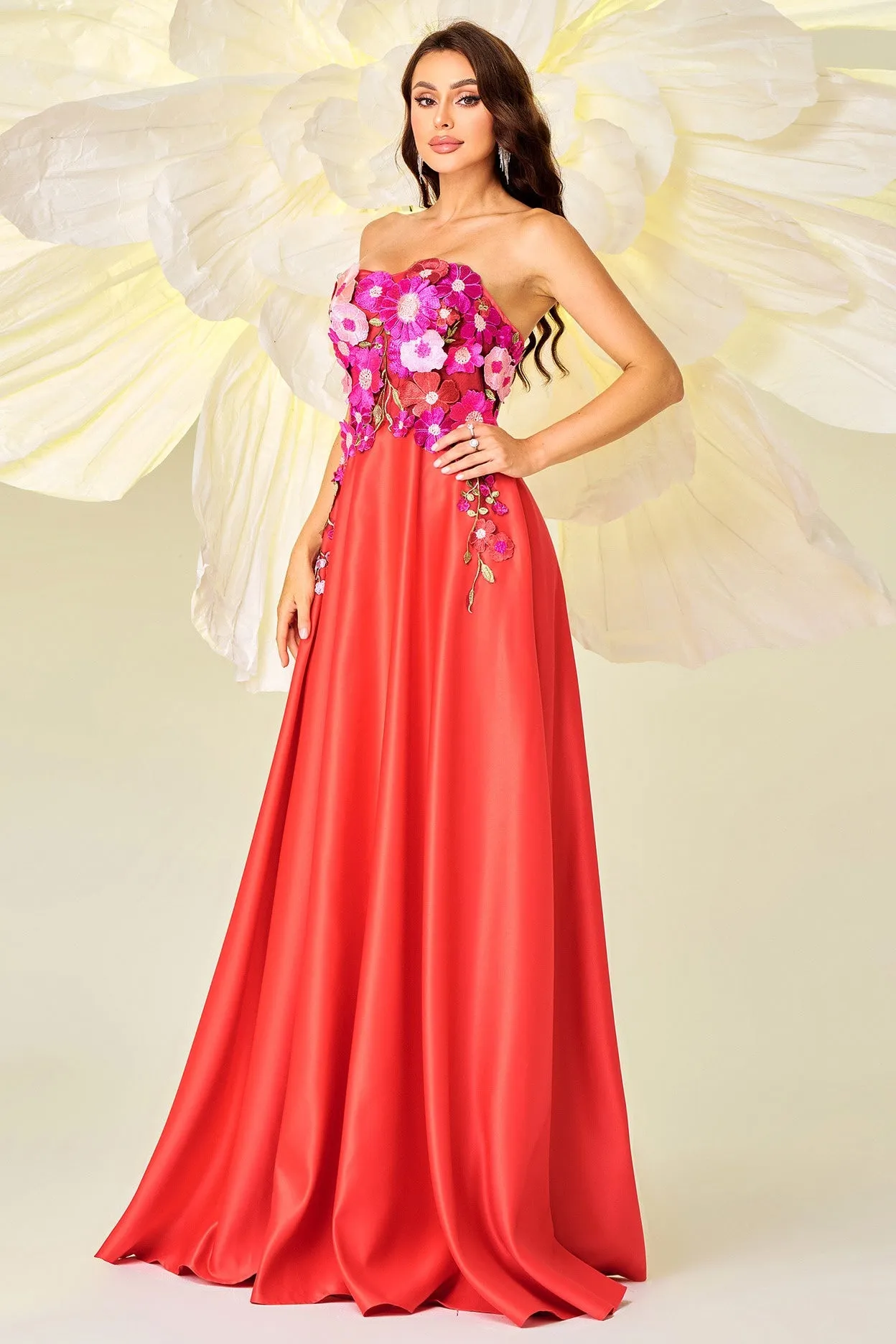 A-Line Empire Strapless Florals Party Evening Dress