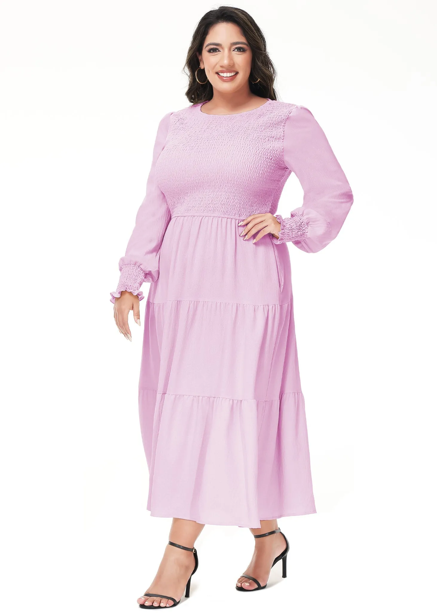 Anna-Kaci Women's Plus Size Casual Poet Long Sleeve Smocked Dress Crewneck Flowy Tiered Midi Dress by Anna-Kaci