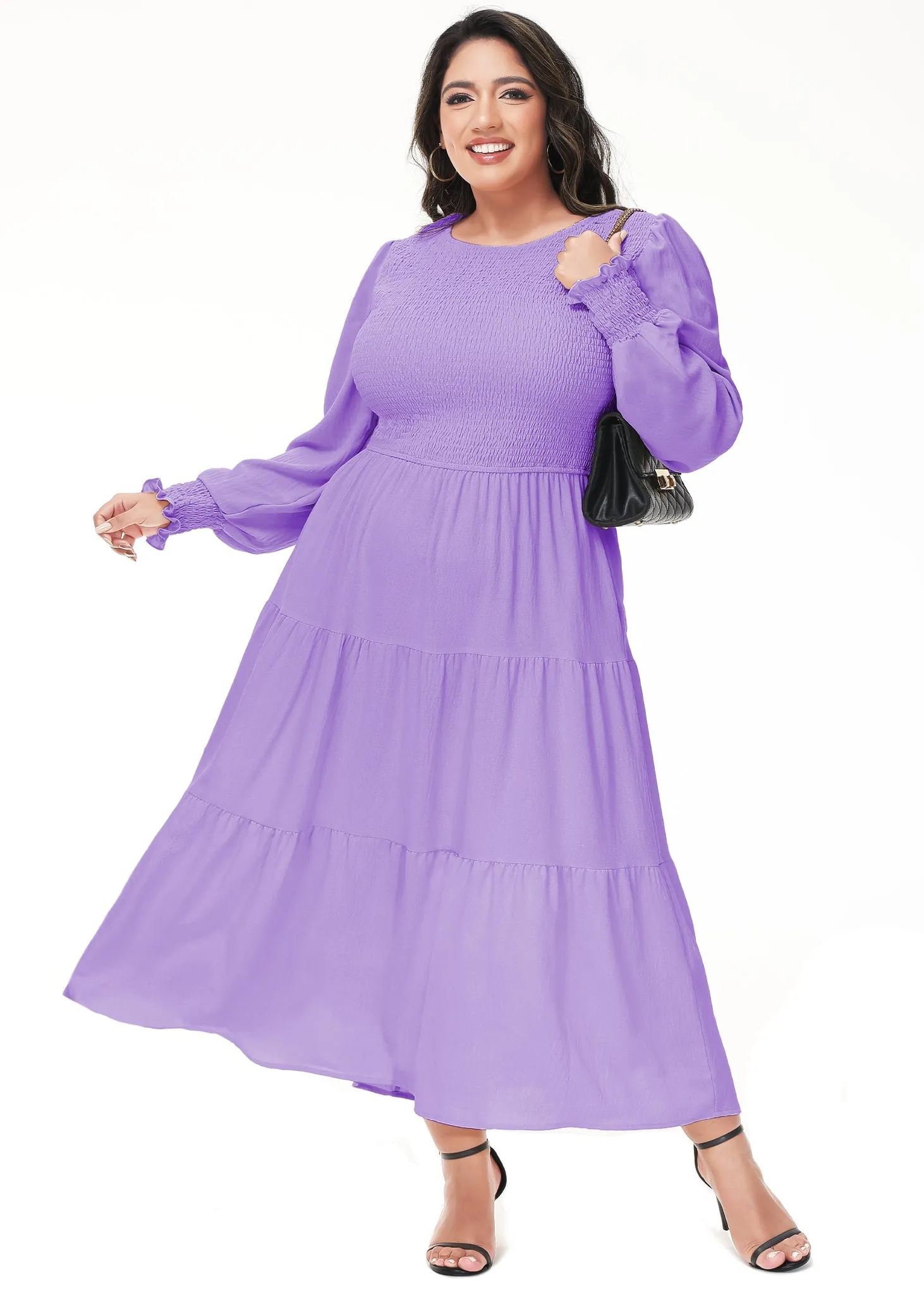 Anna-Kaci Women's Plus Size Casual Poet Long Sleeve Smocked Dress Crewneck Flowy Tiered Midi Dress by Anna-Kaci