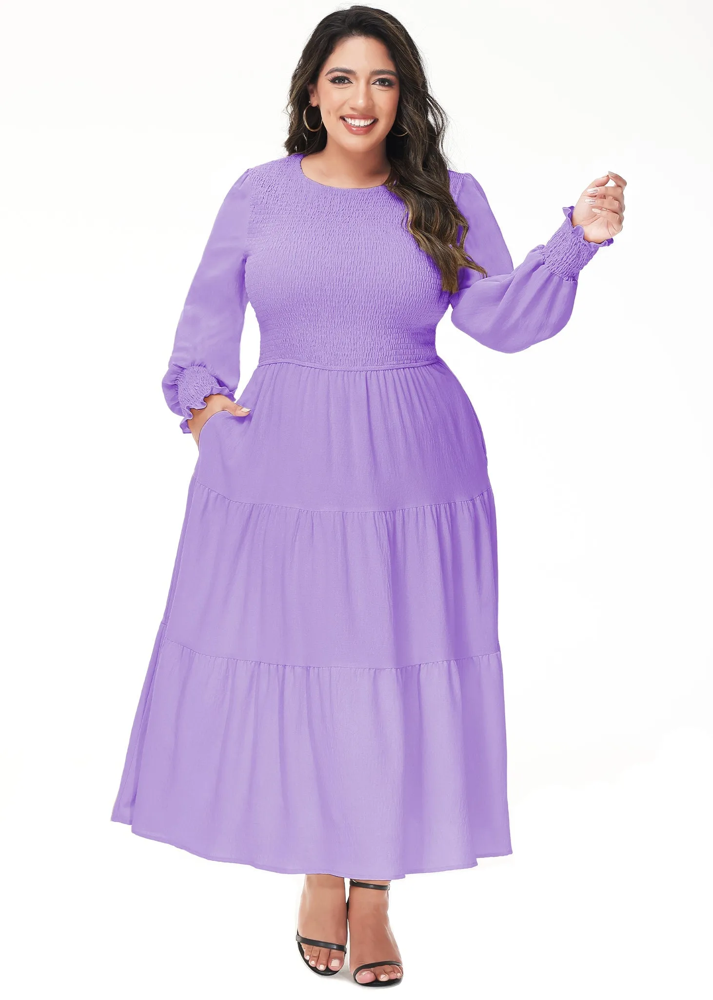 Anna-Kaci Women's Plus Size Casual Poet Long Sleeve Smocked Dress Crewneck Flowy Tiered Midi Dress by Anna-Kaci