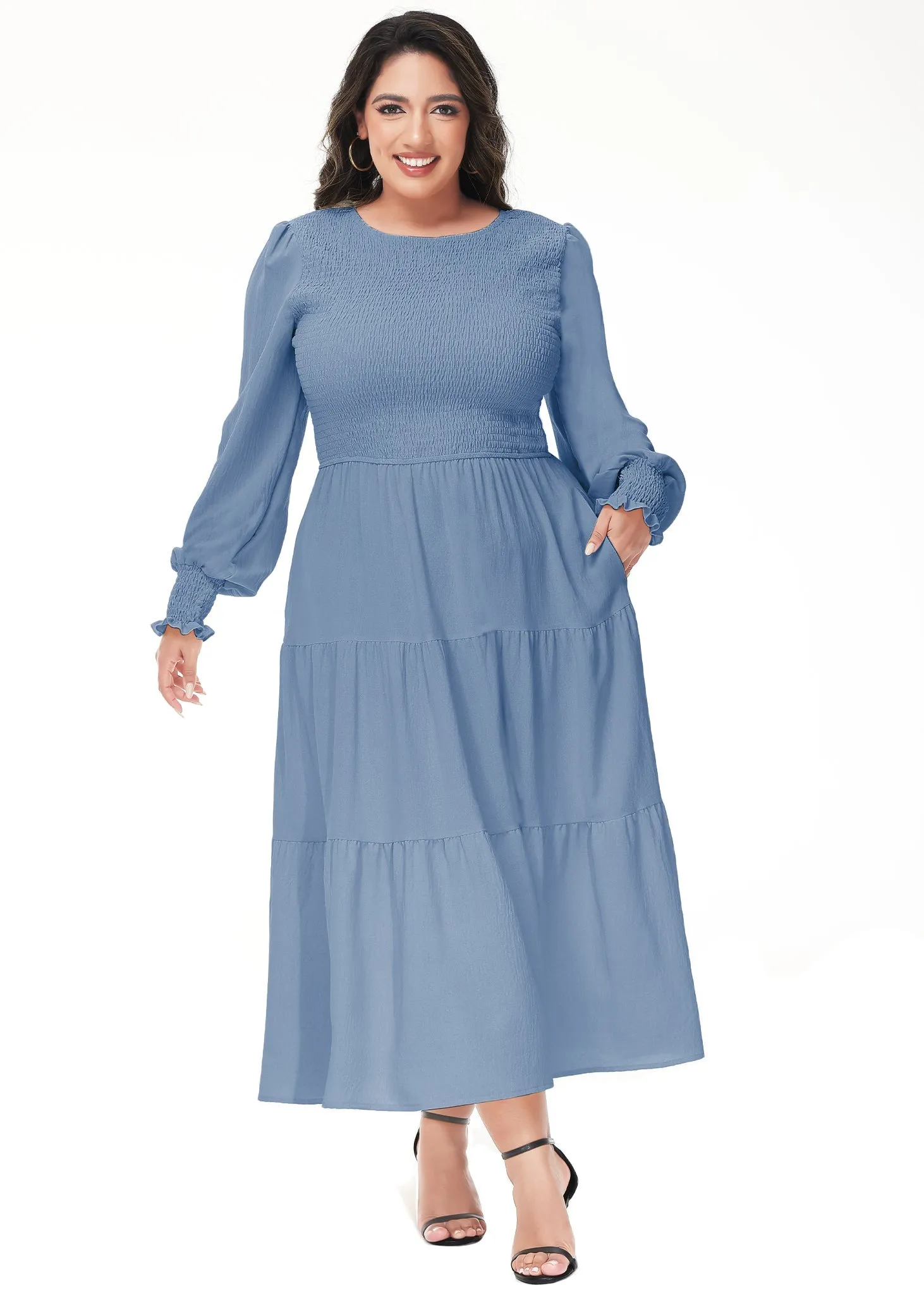 Anna-Kaci Women's Plus Size Casual Poet Long Sleeve Smocked Dress Crewneck Flowy Tiered Midi Dress by Anna-Kaci