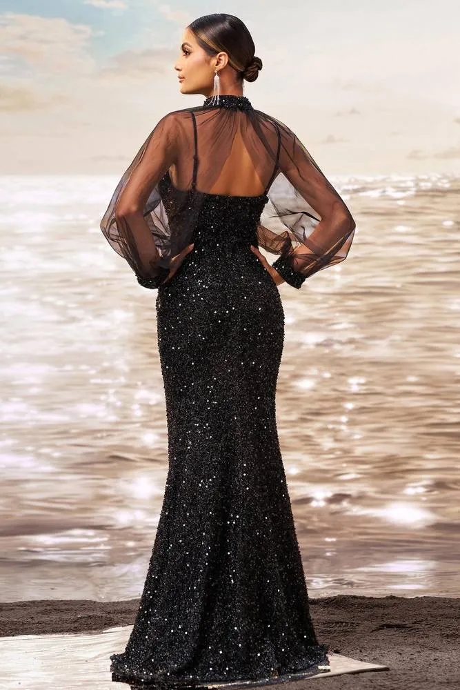 Black Sparkly Long Sleeves Party Evening Dress