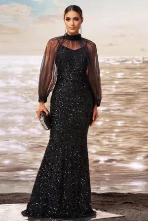 Black Sparkly Long Sleeves Party Evening Dress