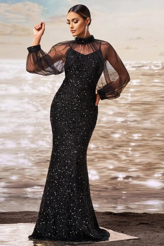 Black Sparkly Long Sleeves Party Evening Dress