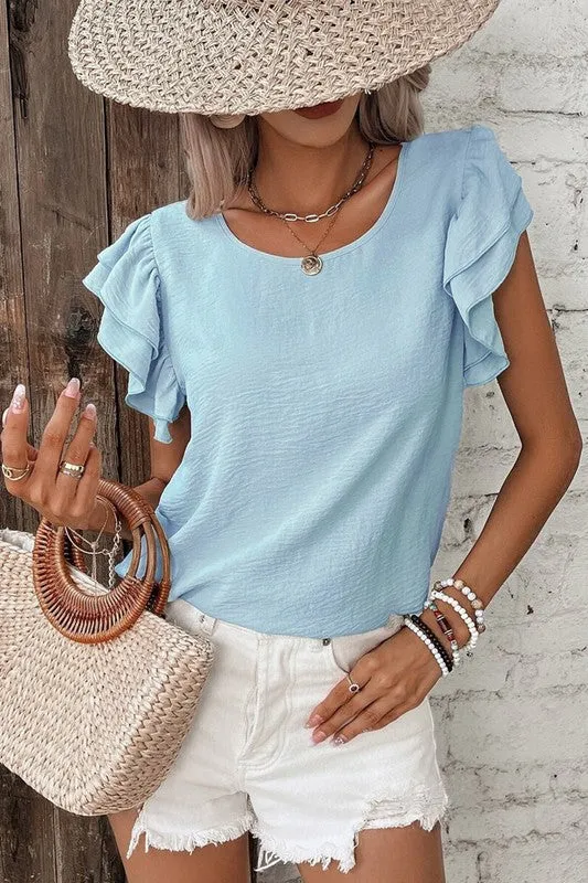 Brunch Ready Blue Ruffle Sleeve Top