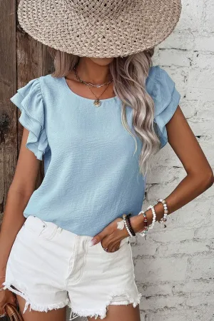 Brunch Ready Blue Ruffle Sleeve Top