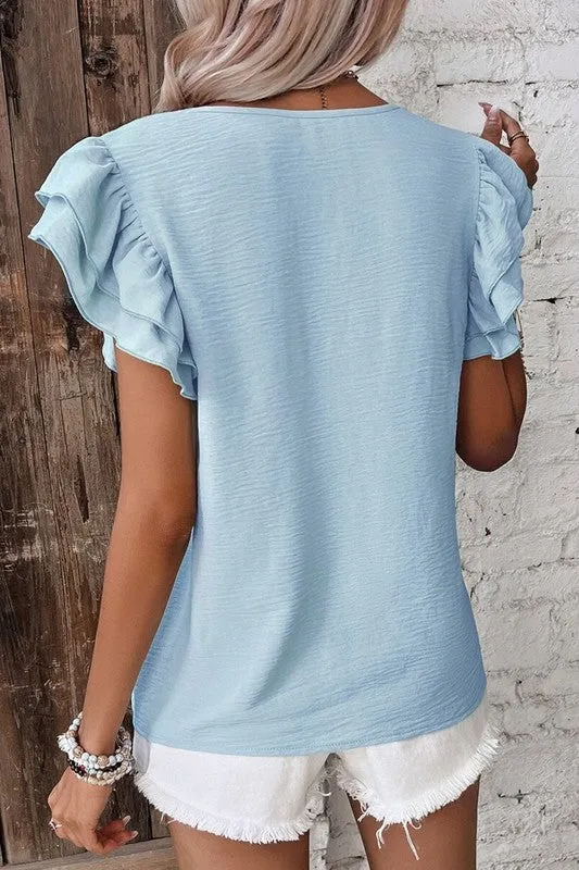 Brunch Ready Blue Ruffle Sleeve Top