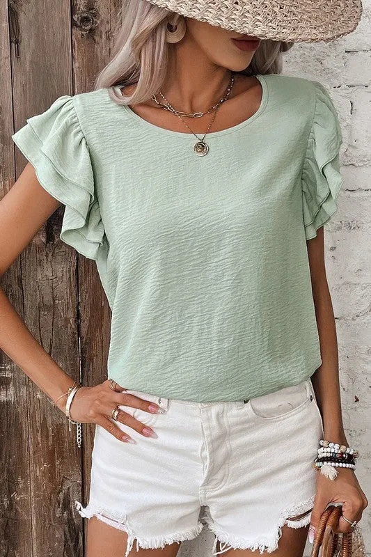 Brunch Ready Mint Ruffle Sleeve Top