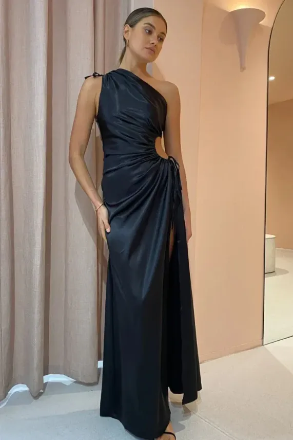 Casual Satin Mermaid Pleated Empire Party Evening Dress With Slit