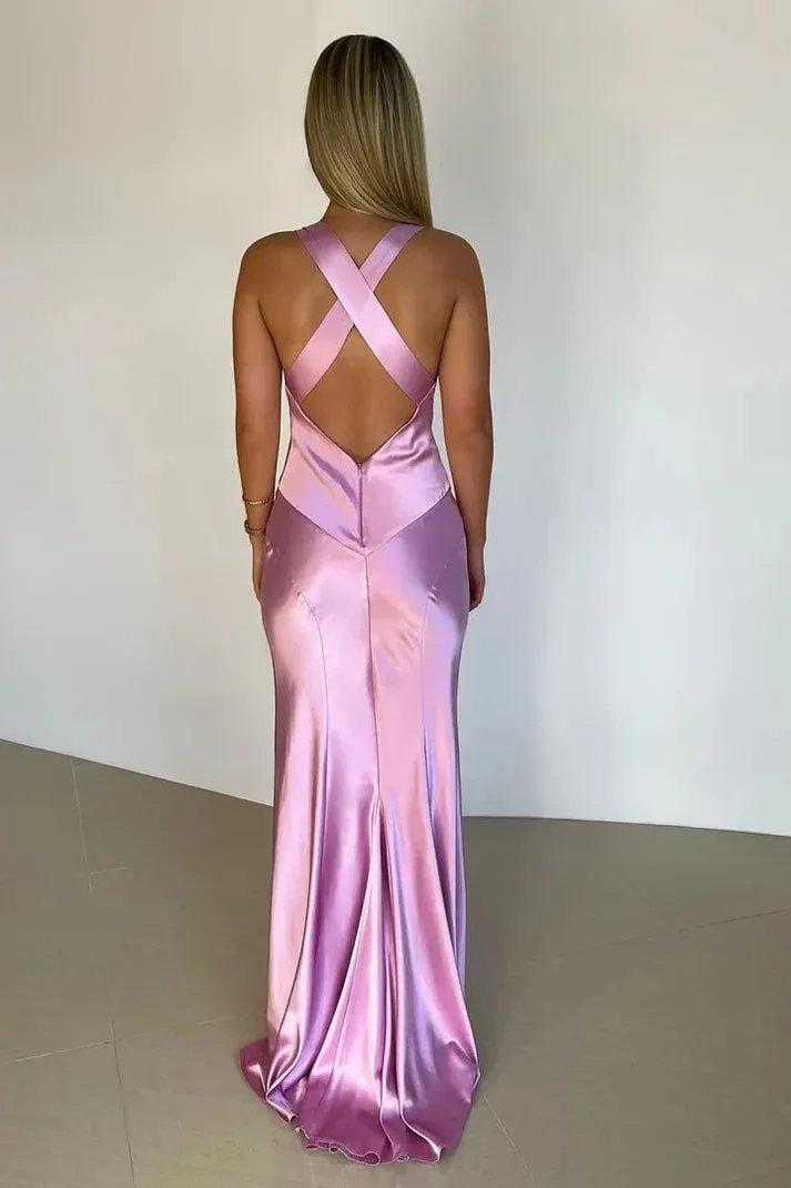 Casual Satin V-Neck Sleeveless Long Party Evening Dress