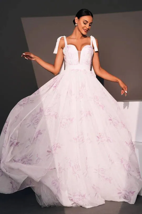 Chiffon A-Line Sweetheart Straps Floral Appliques Party Evening Dress