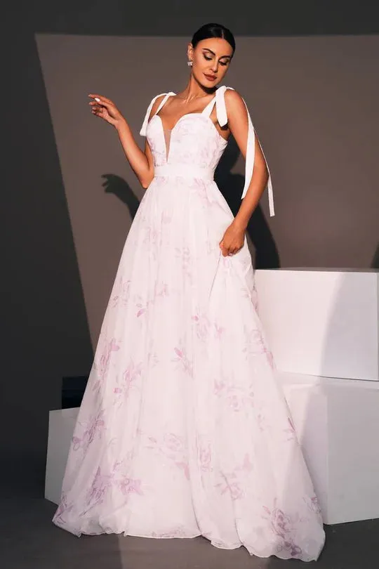 Chiffon A-Line Sweetheart Straps Floral Appliques Party Evening Dress