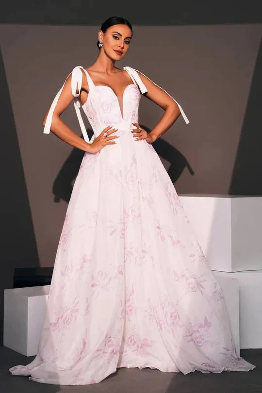 Chiffon A-Line Sweetheart Straps Floral Appliques Party Evening Dress