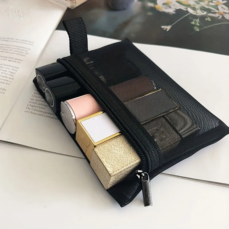 Compact Mesh Zippered Bag for Travel Toiletries and Cosmetics