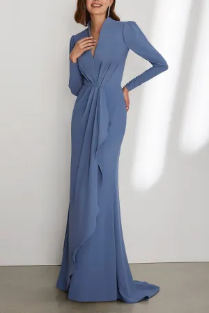 Elegant & Luxurious V-Neck Long Sleeve Ruched Ruffled Cocktail Dress QM3382