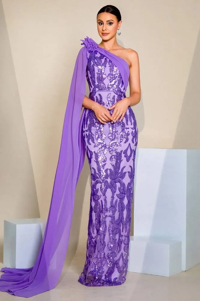 Fitted One Shoulder Sleeves Party Evening Dress With Train
