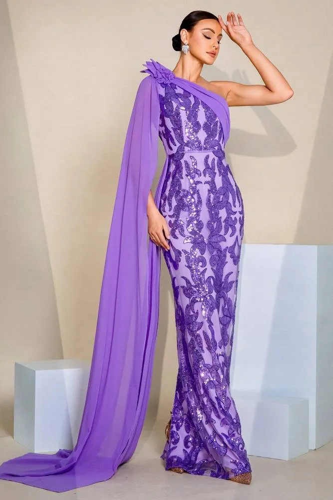 Fitted One Shoulder Sleeves Party Evening Dress With Train