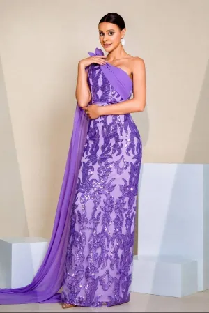 Fitted One Shoulder Sleeves Party Evening Dress With Train