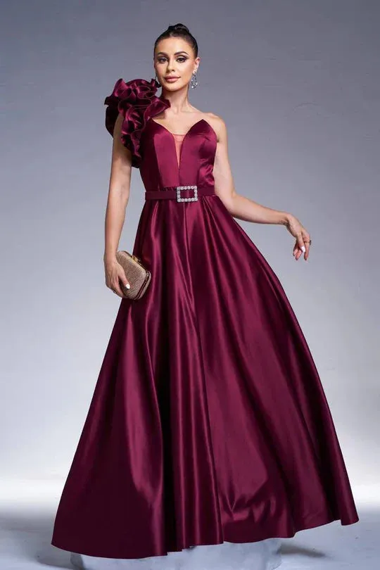 Floral One Shoulder Satin A-Line Party Evening Dress