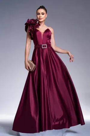 Floral One Shoulder Satin A-Line Party Evening Dress