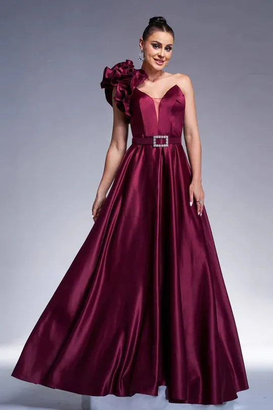 Floral One Shoulder Satin A-Line Party Evening Dress