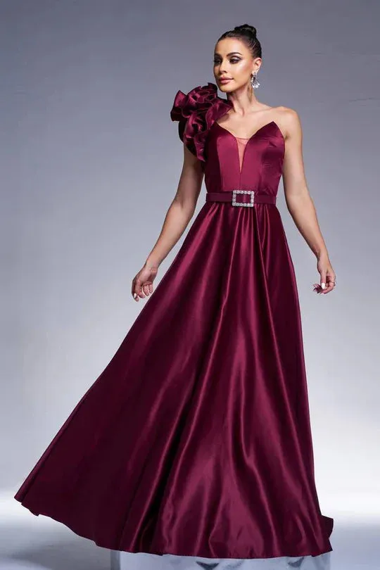 Floral One Shoulder Satin A-Line Party Evening Dress
