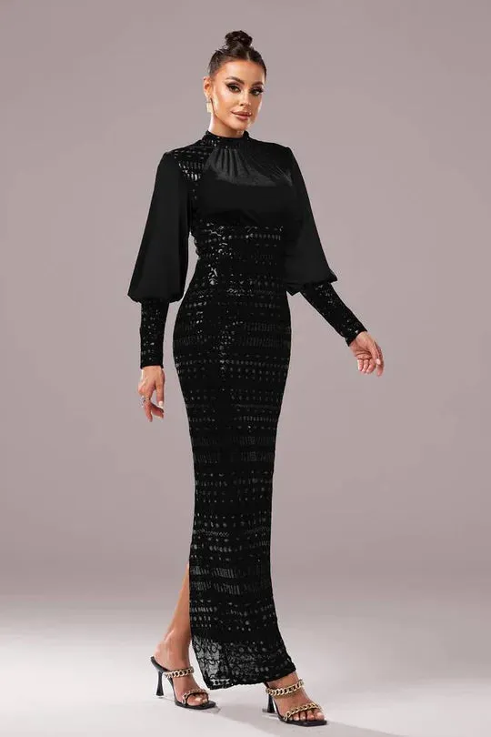 High Neck Long Sleeves Bodycon Empire Party Evening Dress