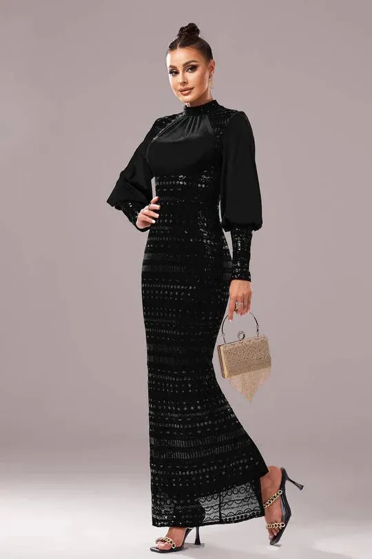 High Neck Long Sleeves Bodycon Empire Party Evening Dress
