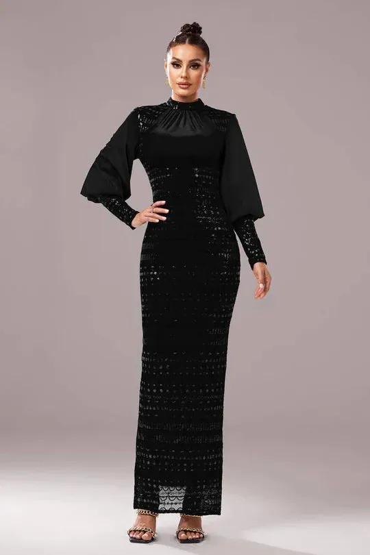 High Neck Long Sleeves Bodycon Empire Party Evening Dress