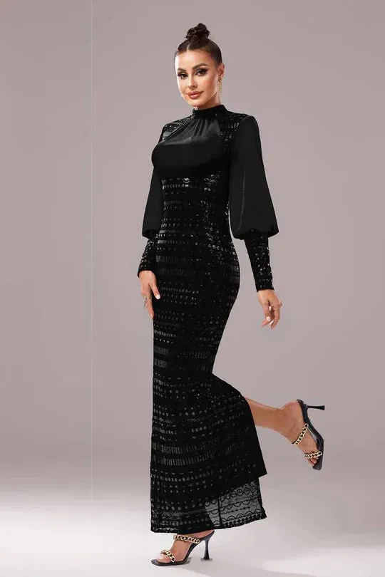 High Neck Long Sleeves Bodycon Empire Party Evening Dress