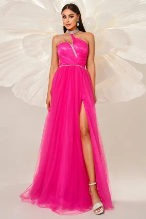 High Neck One Shoulder Tulle A-Line Party Evening Dress With Slit