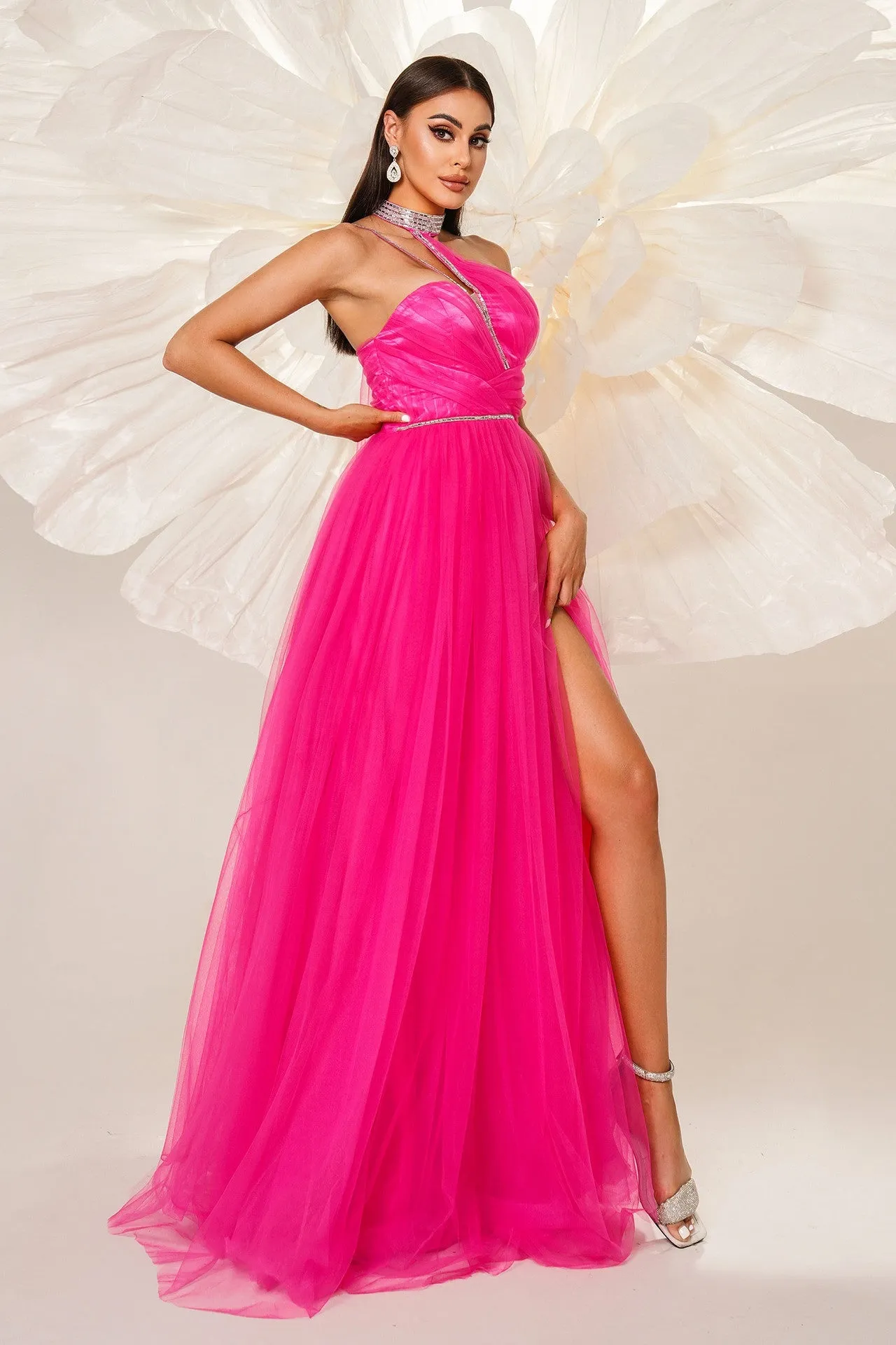 High Neck One Shoulder Tulle A-Line Party Evening Dress With Slit