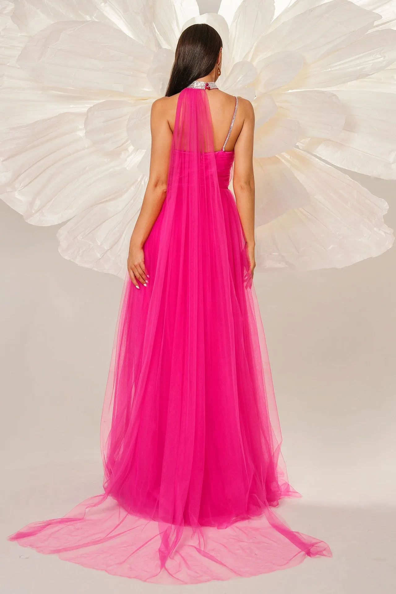 High Neck One Shoulder Tulle A-Line Party Evening Dress With Slit