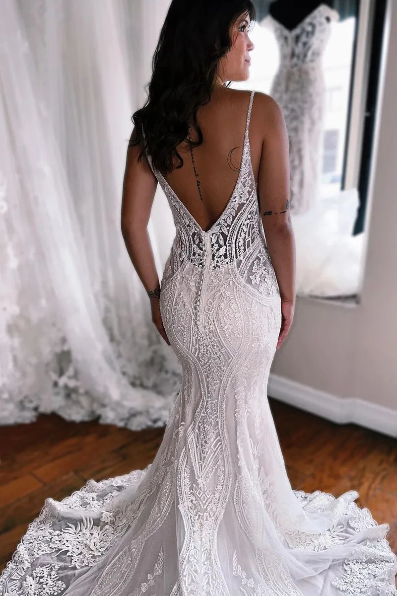 Luxurious Mermaid V Neck Ivory Lace Wedding Dresses VK23112404