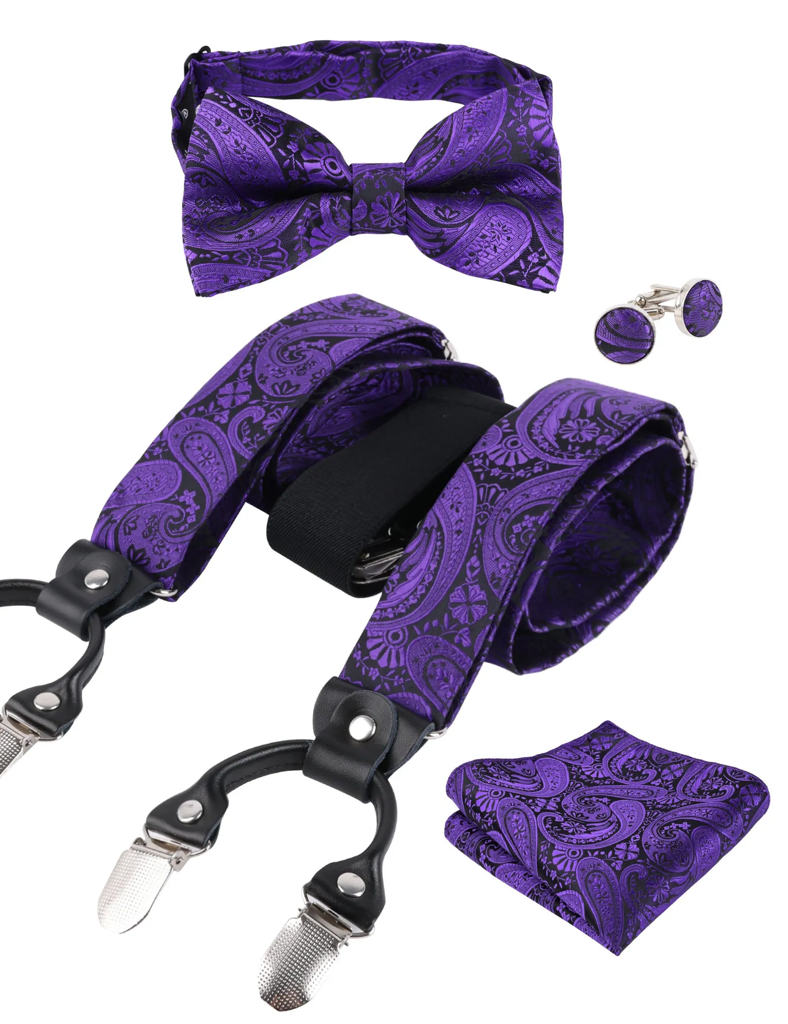 Mens Paisley Suspender, Pre-tied Bow Tie, Hanky, Cufflinks Set- BD071