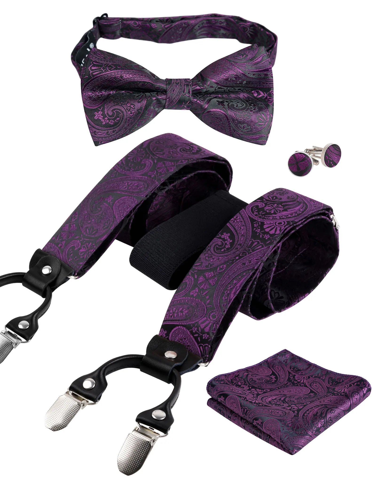 Mens Paisley Suspender, Pre-tied Bow Tie, Hanky, Cufflinks Set- BD071