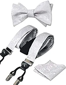 Men's Paisley Suspenders and Self Tied Bow Tie for Men with Pocket Square Set-BD076