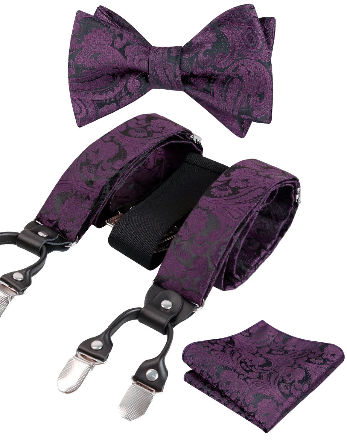 Men's Paisley Suspenders and Self Tied Bow Tie for Men with Pocket Square Set-BD076