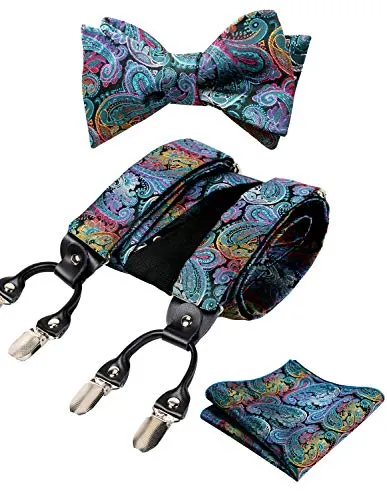 Men's Paisley Suspenders and Self Tied Bow Tie for Men with Pocket Square Set-BD076
