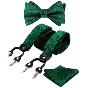 Men's Paisley Suspenders and Self Tied Bow Tie for Men with Pocket Square Set-BD076