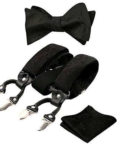 Men's Paisley Suspenders and Self Tied Bow Tie for Men with Pocket Square Set-BD076