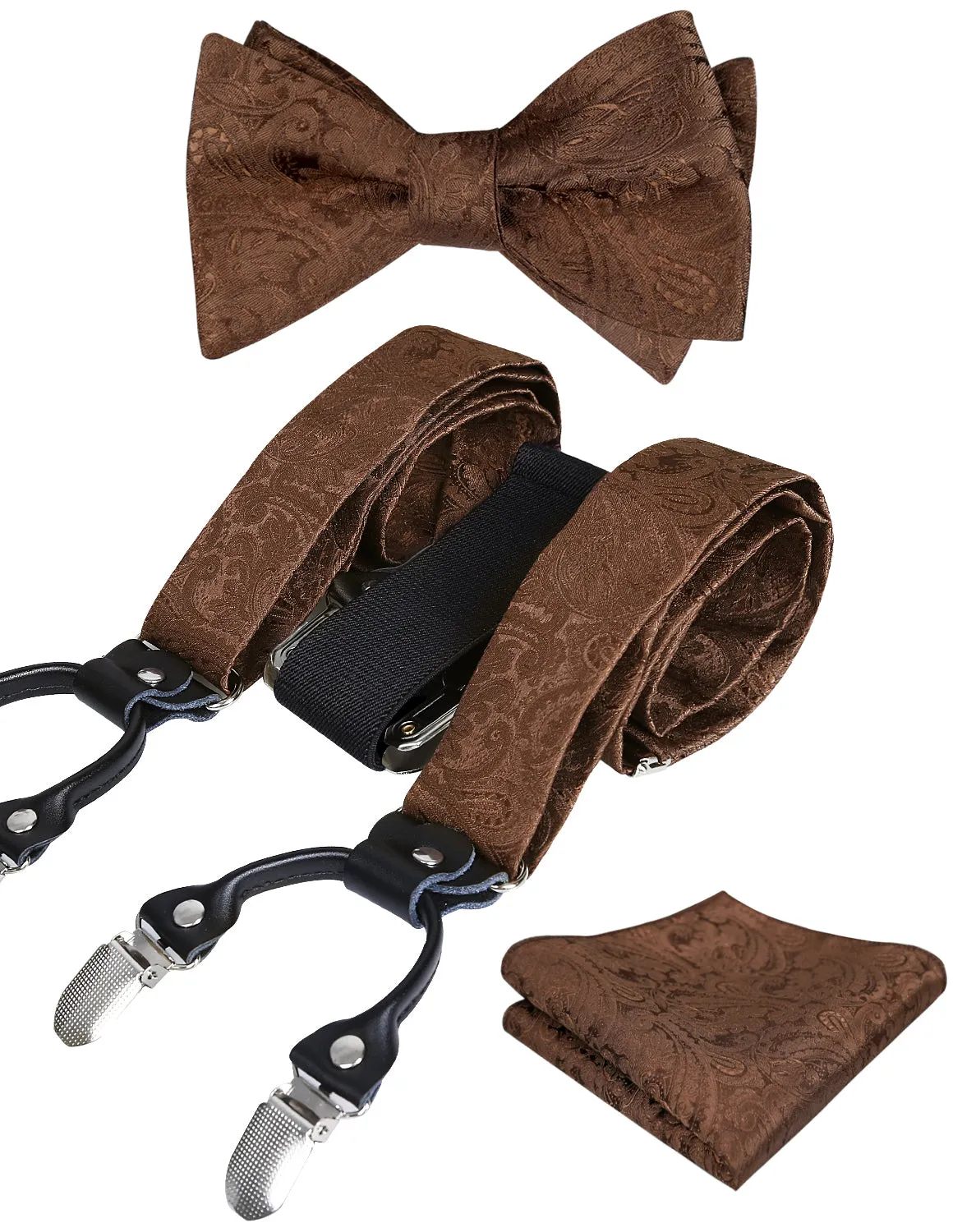 Men's Paisley Suspenders and Self Tied Bow Tie for Men with Pocket Square Set-BD076