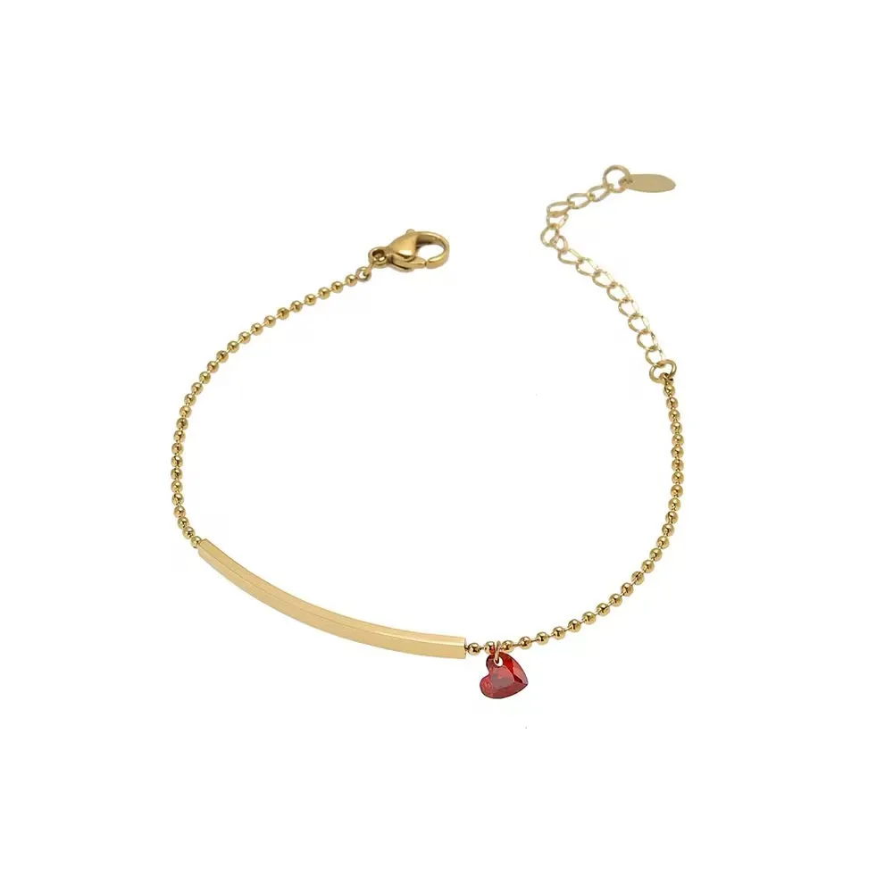 Mini Red Heart Zircon Charm Beaded Chain Bracelet