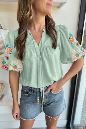Most Adorable Floral Embroidered Top Green