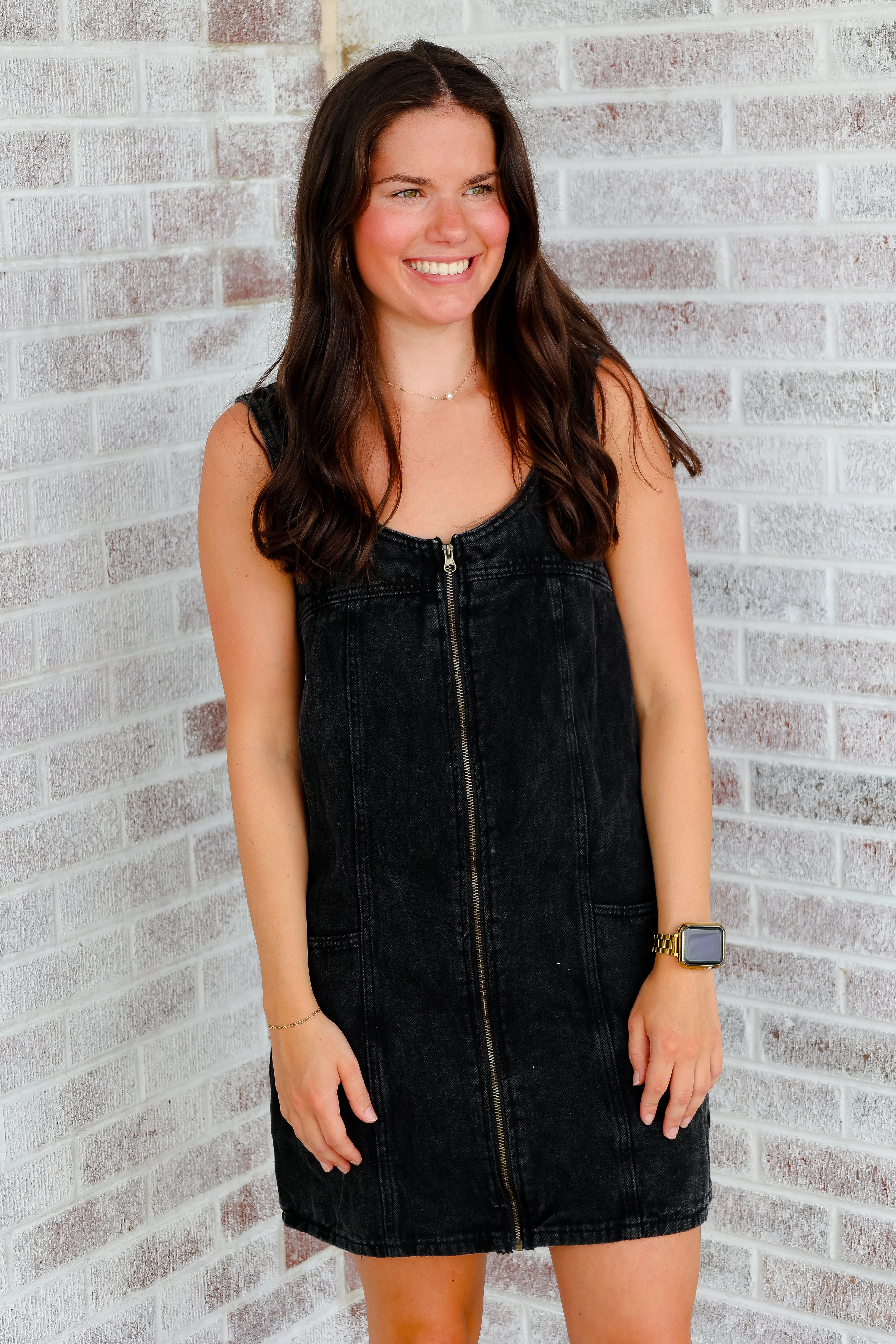 Star Player Front Zip Denim Dress with Buckle Strap Detail