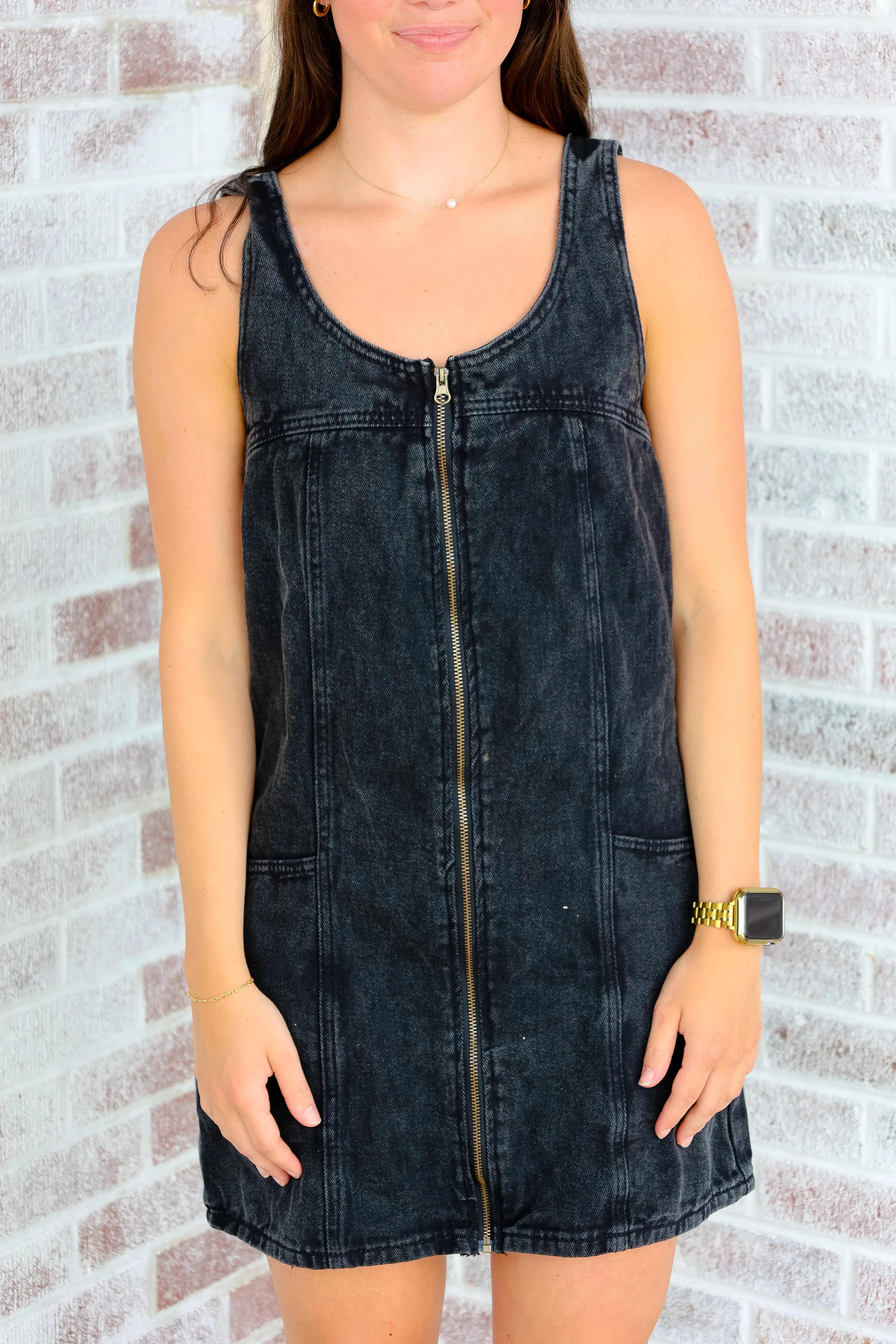 Star Player Front Zip Denim Dress with Buckle Strap Detail