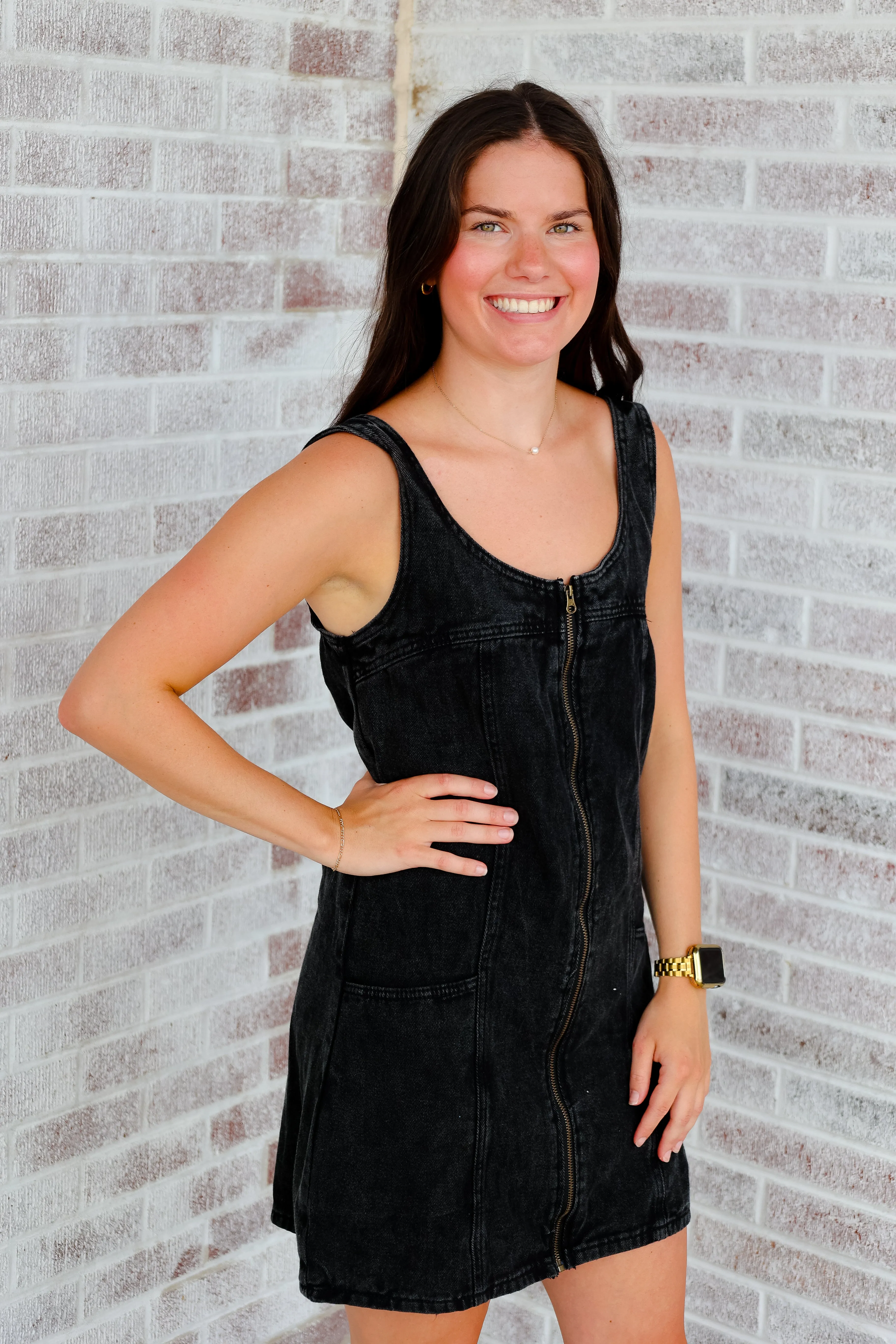 Star Player Front Zip Denim Dress with Buckle Strap Detail